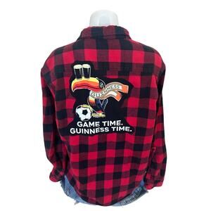 Guinness Beer Plaid Flannel Shirt LARGE Soccer Unique Retro Toucan Tailgate Red